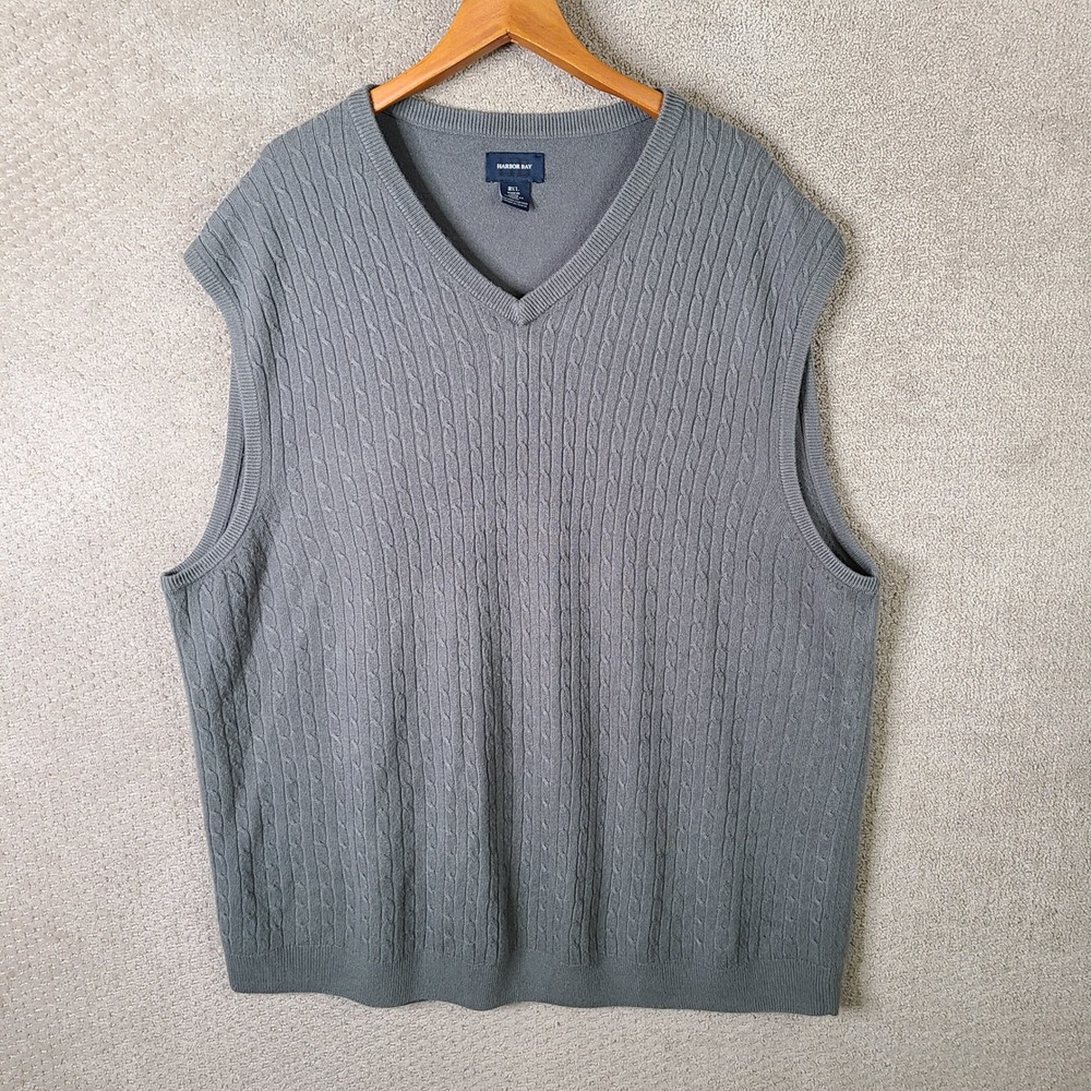 Harbor Bay Sweater Vest Mens 3XL Gray Cable Knit V-Neck 100% Acrylic Casual
